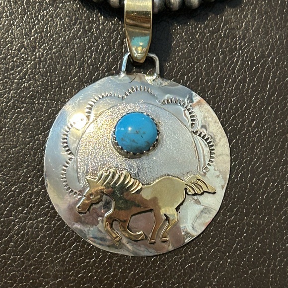 Native American Silver and Gold Horse Pendant with Turquoise Accent - Picture 2 of 7
